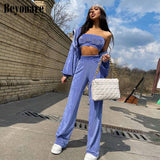 Beyouare Casual Wide Leg Pants Strapless Suit Women Two Piece Set High Waist Trousers Diamonds Crop Top Outfit Autumn Streetwear