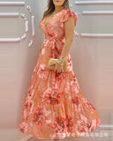 Amfeov Spot 2022 New Female Fashion Pink Printed V-Neck Chiffon Dress