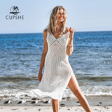 Amfeov  Ivory V-neck Hollow out Cover Up Woman Swimsuit Sexy Side Split Sleeveless Beach Midi Dress 2022 Summer Dress Beachwear