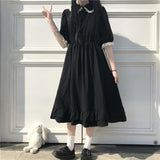 Amfeov QWEEK Autumn Black Kawaii Lolita Style Dress Mori Girl Fairy Cute Lolita Peter Pan Collar Puff Sleeve Dress 2024 Fashion Women