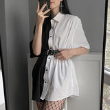 SUCHCUTE Patchwork Women Mini Dress With Button Loose Solid Streetwear Gothic Short Sleeve Dresses Modis Women Party Outfits