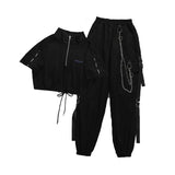 Women's Cargo Pants Two Piece Sets Harajuku T shirt Tops Buckle Ribbon Pocket Jogger Elastic Waist Pant Chain Streetwear Females