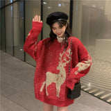Christmas Gift Women's Knitted Reindeer Christmas Sequin Design Feeling O-Neck Loose Mohair Warm Thickened Tops Pullovers Baggy Sweater
