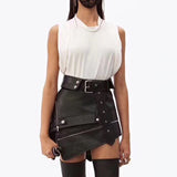 Amfeov Sexy Asymmetry Pu Skirts Womens Zipper Punk Rock Belt Mini Skirt Streetwear Black High Waist Skirts 2024 Fashion New