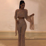Amfeov Fashion Sexy Clock Sleeve Shirt High Waist Pants Sequins Two Sexy Long Sleeve Open-Back Jumpsuit Pants