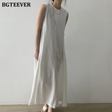 Amfeov 2022 New Summer Oversized Loose Women Cotton And Linen Long Dress Casual O-Neck Sleeveless Ladies Solid Vestidos