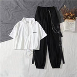 Women's Cargo Pants Two Piece Sets Harajuku T shirt Tops Buckle Ribbon Pocket Jogger Elastic Waist Pant Chain Streetwear Females