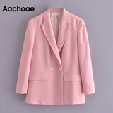 Double Breasted Pink Blazer Women Office Long Sleeve Elegant Coat With Pockets Ladies Notched Collar Jackets Blazers