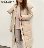 Amfeov Oversized Long Thick Padded Parkas Women Wide-Waisted Cotton Liner Winter Jackets Female Loose Fit Casual Solid Coat 2022