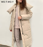 Amfeov Oversized Long Thick Padded Parkas Women Wide-Waisted Cotton Liner Winter Jackets Female Loose Fit Casual Solid Coat 2024