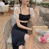 Amfeov back to school French Vintage Midi Dress Women Casual Short Sleeve Design Elegant Dress Office Lady One Piece Dress Korean 2024 Summer