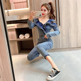 Amfeov Women High Fashion Ruffles Denim Jumpsuit Long Sleeve Original Design Irregular Jeans Rompers
