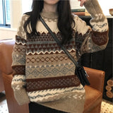 Vintage Knitted Sweaters Women Striped Pullovers Ladies Winter Jumpers Casual Knitwear Argyle Loose Sweater Streetwear 2021