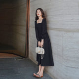 Amfeov Long Sleeve Dress Women Holiday Elegant Ankle-Length Female Square Collar Simple Trendy Korean Style Leisure Streetwear Slim Ins