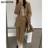 Amfeov Casual Women 2 Pieces Blazer Set Notched Collar Loose Blazer & Floor-Length Suit Pants Autumn Stylish Female Pant Suits