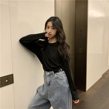 Amfeov Korean Style Solid Basic Tee Shirt Casual O-Neck Long Sleeve T-Shirt Autumn Women's Clothing Harajuku High Teen  Top