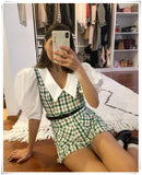 Amfeov Patchwork Tweed Plaid Jumpsuit With Belt Pockets Fashion Turn Down Collar Harf Sleeve Playsuit  2020 Women Casual Mono