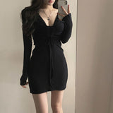 Christmas Gifts Knitting Sexy Dress For Women Deep V-Neck Dresses 2022 Spring Long Sleeve Fashion Clothing Korean Office Lady Pleated