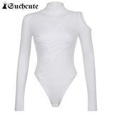 SUCHCUTE Hollow Out Turtleneck Women Bodysuits Patchwork Long Sleeve White Knitwear Rompers Casual Streetwear Jumpsuit Autumn