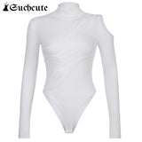 Amfeov Hollow Out Turtleneck Women Bodysuits Patchwork Long Sleeve White Knitwear Rompers Casual Streetwear Jumpsuit Autumn