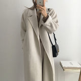 Amfeov Black Friday Sales French Lazy Style Warm Female Fresh Winter 2024 Classical Belt Retro Loose Women Woolen Coats Chic Casual Long Coat Long