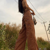 Amfeov Brown Floral Jeans Y2K Retro Denim Pants Baggy Straight Cargo Pants Women Hot Popular Trousers 90S Harajuku Joggers
