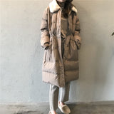 Faux rabbit fur collar women's winter down jacket long drawstring slim zipper ladies chic coat loose oversize outwear female