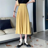 Amfeov Candy-Colored Long Pleated Skirt Women Summer Casual Simple Solid Midi Skirt 2024 A-Line High Waist Skirts Students Streetwear