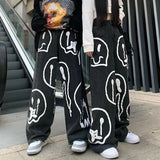 Amfeov pantalon pour femme 2024 Hip Hop Skull face print baggy jeans men Straight Denim Cargo Pants Oversized black Women Jeans