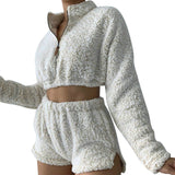 Amfeov 2PCS/Sets Sexy Fluffy Suits Velvet Plush Hooded Sleepwear Shorts+Crop Top Women Tracksuit Casual Sports Set Overalls Sweatshirts