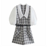 Christmas Gift PUWD Casual Woman Plaid Tweed Belt Playsuits 2021 Summer Fashion Ladies Puff Sleeve Rompers Female Elegant Zipper Playsuits