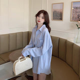 Amfeov Oversized Blue Shirts Womens Spring Autumn Blouses Fashion OL Blusa Tops Casual Solid Long Sleeve White Shirt Plus Size