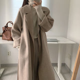 Amfeov Black Friday Sales French Lazy Style Warm Female Fresh Winter 2024 Classical Belt Retro Loose Women Woolen Coats Chic Casual Long Coat Long