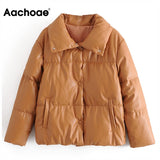 Christmas Gift Aachoae Women High Street PU Leather Thin Parka Coats Fashion Solid Faux Leather Jacket Coat Female Chic Winter Cotton Outerwear