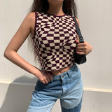 Amfeov Summer Knit Crop Top Women Sleeveless New Tank Top Basic T Shirts Casual Checker Plaid Vest Streetwear Tank Top Vintage