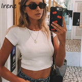Irene O Neck Long Sleeve Shirt Women Ribbed Sexy Cropped Tops 2021 Spring Black Casual Skinny Slim Basic Woman T Shirts White