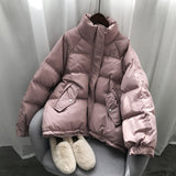 Amfeov Ladies Fashionable Winter Oversized Stand Collar Down Jacket Women 2024 New Warm Thick Loose Chic Parka Bread Padded Coat