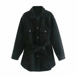 Women Chic Wool Coats With Belt 2021 Solid Long Sleeve Pockets Shirt Jackets Outerwear Turn Down Collar Elegant Coat