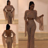 Amfeov Fashion Sexy Clock Sleeve Shirt High Waist Pants Sequins Two Sexy Long Sleeve Open-Back Jumpsuit Pants