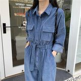 Amfeov Cargos Cordurory Jumpsuit Long Sleeve Loose Fashion High Steet Belted Rompers Front Buttons Long Pants Overalls