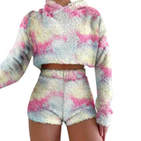 Amfeov 2PCS/Sets Sexy Fluffy Suits Velvet Plush Hooded Sleepwear Shorts+Crop Top Women Tracksuit Casual Sports Set Overalls Sweatshirts