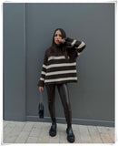 Dark Brown Striped Sweater Casual Oversize Fashion Office Ladies Knitted Jumper Mujer Jersey Outwear Za 2022 Women Pullover New