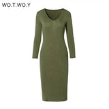WOTWOY V-Neck Wrapped Knitted Dress Women Autumn Solid Sheath Sweater Dresses Women Knee-Length Bodycon Long Sweater Female New