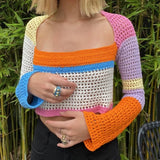 Y2K Aesthetic Knitted Crop Top Patchwork Long Sleeve Hollow Out Tee Autumn Spring Vintage Women Sexy T-shirt Beach Streetwear