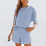 Summer Casual Cotton Linen Pocket Sets Short Sleeve T Shirt And Elastic Shorts Two Piece Set Women Beach Solid Outfits Tracksuit