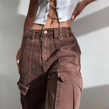 Brown Vintage Baggy Jeans Women Y2K High Waist Pocket Cargo Pants 90s Streetwear Straight Trousers Harajuku Summer 2021