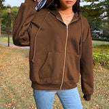 Amfeov Brown New Aesthetic Hoodies Women Vintage Zip Up Sweatshirt Winter Jacket Clothes Pockets Long Sleeve Hooded Pullovers