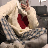 Korean Winter New Sweet Heart-shaped Pattern Sweater Vintage Harajuku Style Full Sleeve Pullovers Loose Knitting Casual Sweater