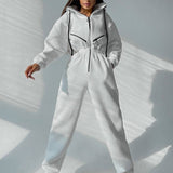 Women Basic Hoodie Jumpsuit Zipper Drawstring Overall High Waist Elasticity Streetwear Tracksuit Rompers Casual One Piece Outfit