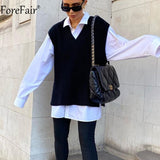 Amfeov V Neck Sleeve White Knitted Autumn Winter Women Sweater Vests Casual Loose Outwear Solid Sweater Preppy Style Vests